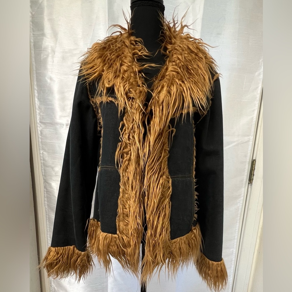 ARMOR JEANS Almost Famous 90s does 70s Denim & Faux Fur Coat BOHO RAVER Size L